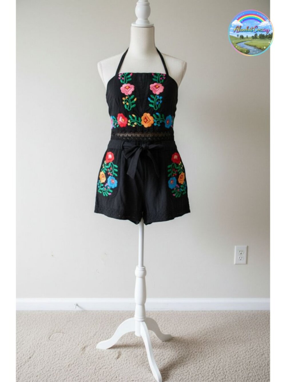 Women's Embroidered Boho Romper Cotton Sleeveless Halter Short Jumpsuit